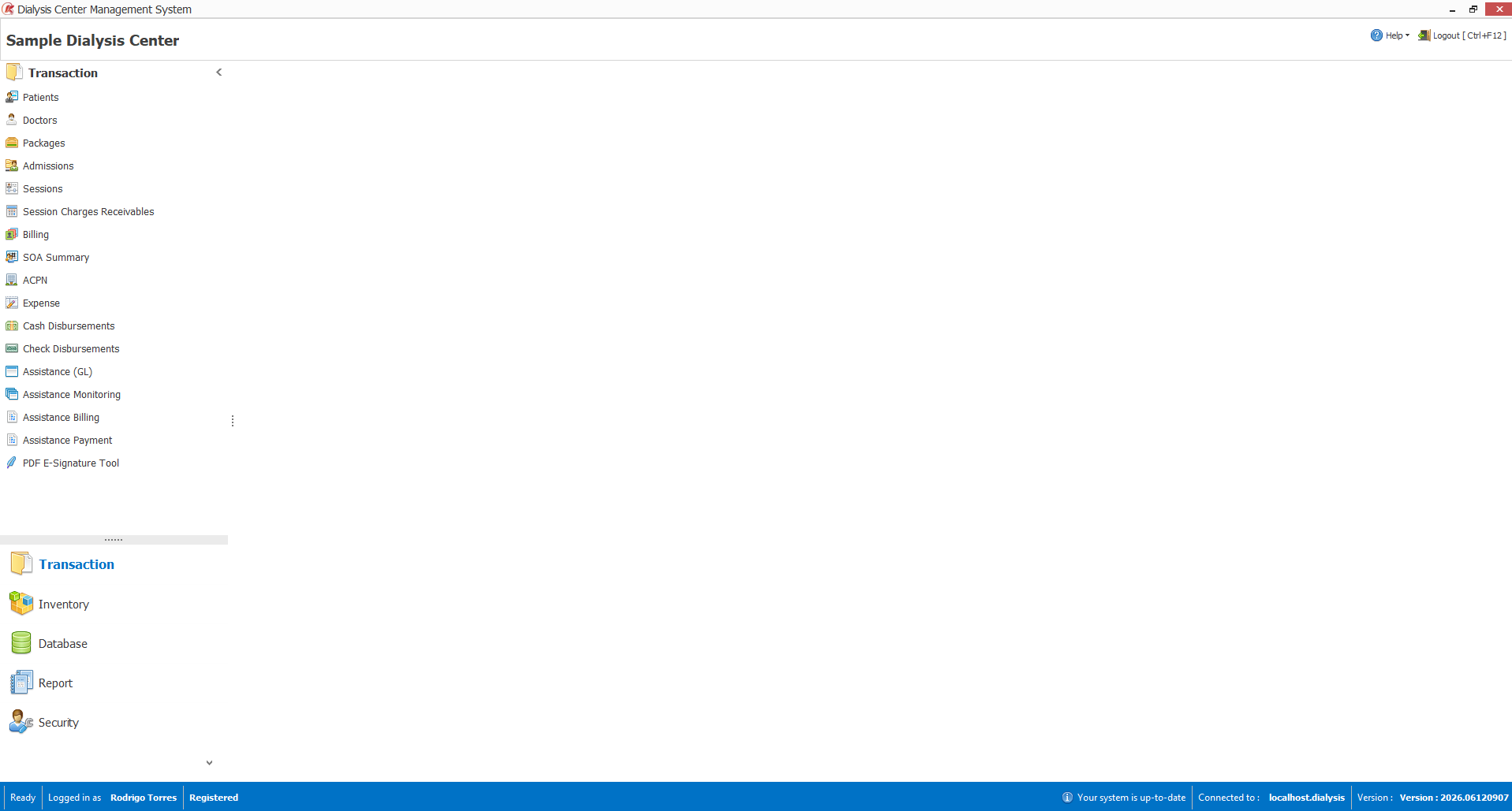 The main window: module menu down the left, from Patients to Security