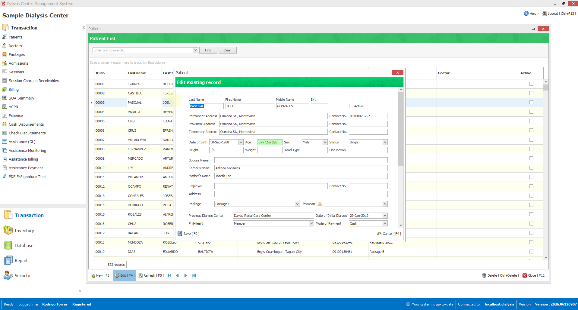 A patient record open over the patient list, all sample data