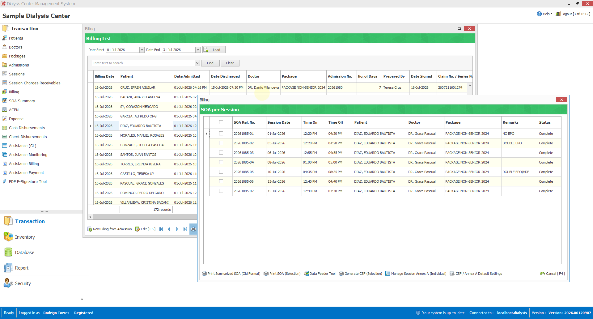 The billing list with the per-session SOA breakdown