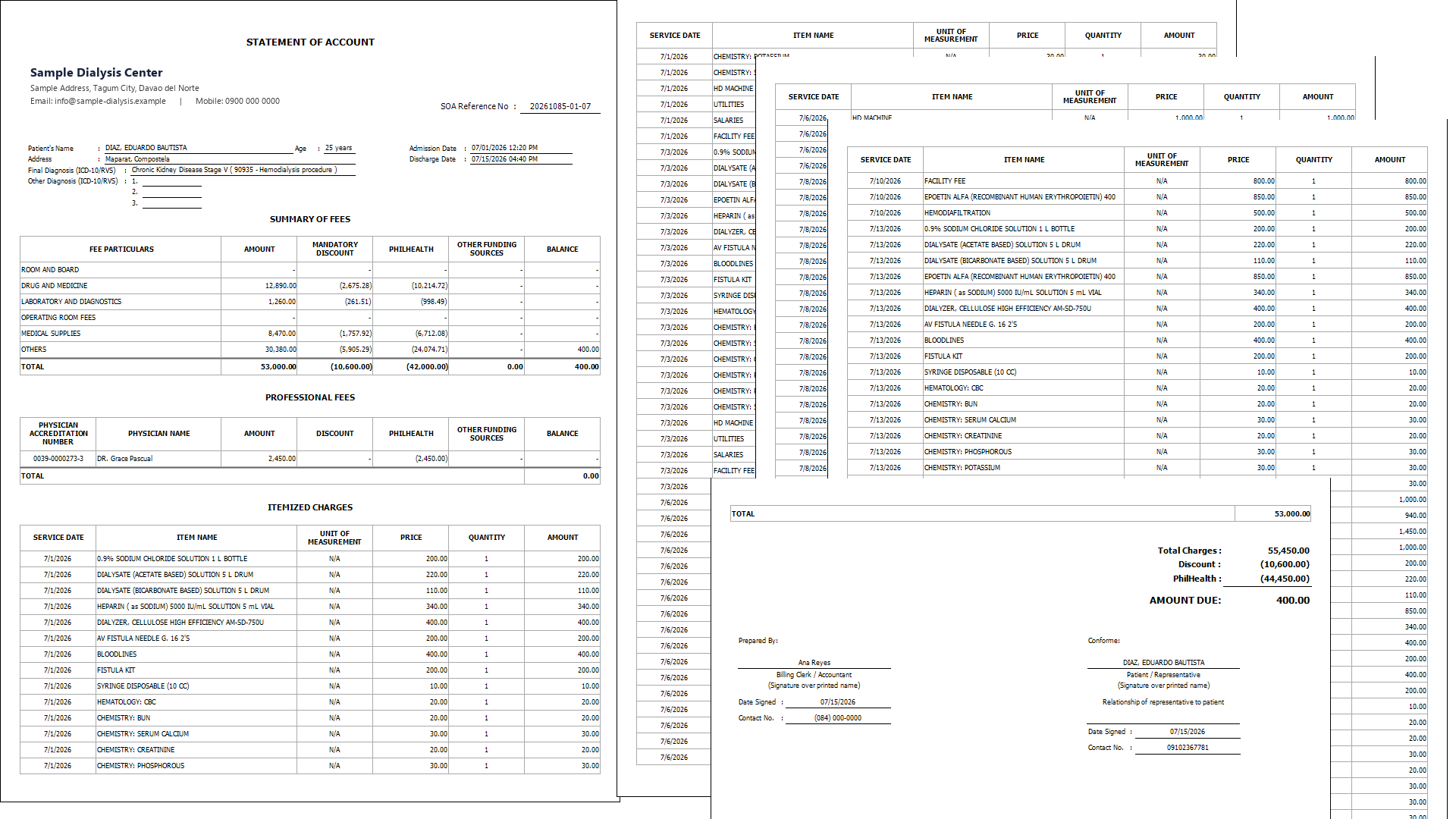 A printed Statement of Account: itemized charges, PhilHealth benefits and amount due